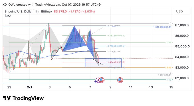 A TradingView chart of Bitcoin / U.S. Dollar showing price action with various Fibonacci retracement levels and technical patterns including a shark harmonic formation.