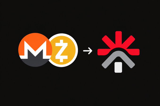 Monero (M) and Zcash (Z) logos pointing to a red star-like symbol, illustrating a shift away from privacy-focused coins toward broader ecosystem adoption.
