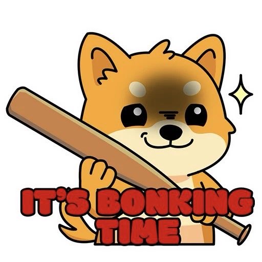 A cartoon sticker of a cute orange Shiba Inu dog holding a wooden baseball bat with red text reading 'IT'S BONKING TIME'.