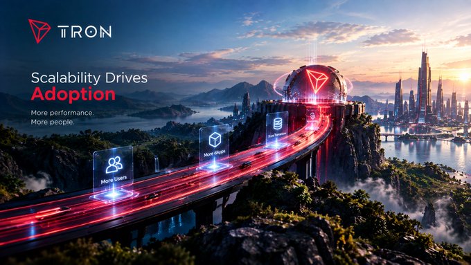A futuristic promotional graphic for 'TRON' featuring the text 'Scalability Drives Adoption' and 'More performance. More people.', with a sci-fi cityscape, glowing red roads, and holographic icons labeled 'More Users' and 'More dApps'.