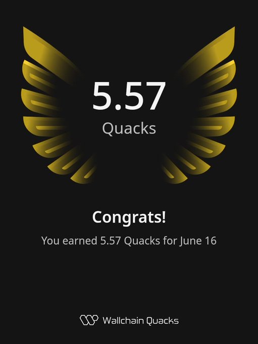 The image features a poster with an illustration of a bird's wing, which has gold and black colors. The text on the poster congratulates the user for earning 5.57 Quacks within one day. The poster also mentions that the user is entitled to 5.57 Quacks as a reward for their efforts in the leaderboard.