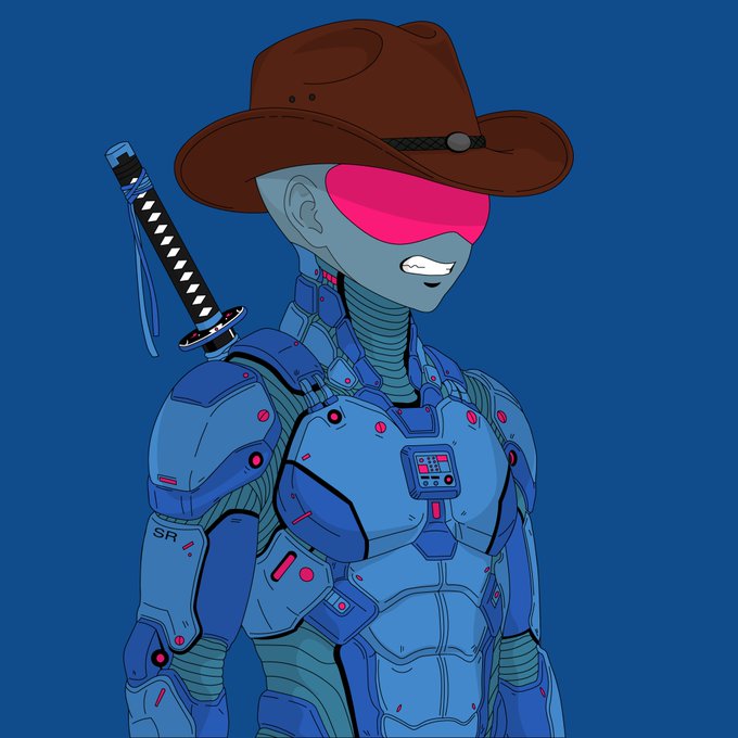 An illustration of a futuristic cyborg character with a pink visor, brown cowboy hat, blue mechanical armor labeled 'SR', and a katana on its back against a teal background.