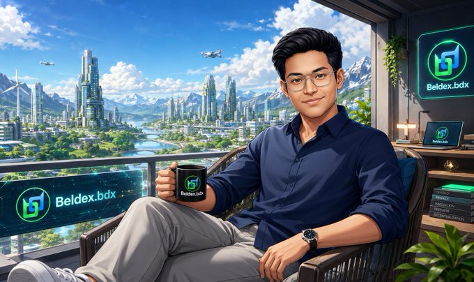 A digital illustration of a young man in a blue shirt sitting on a balcony overlooking a futuristic green city, holding a mug branded with 'Beldex.bdx' logo.