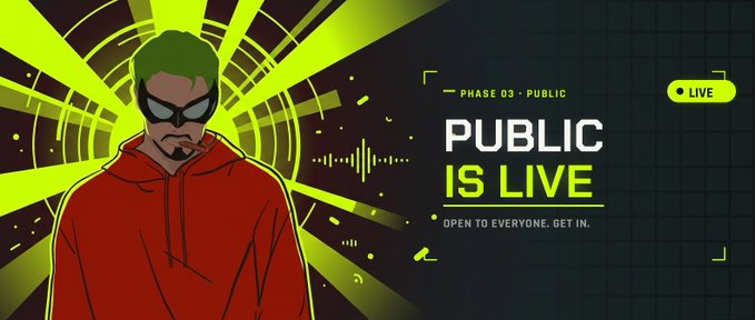 An animated promotional graphic shows a masked man in a red hoodie with text reading 'PHASE 03 - PUBLIC IS LIVE' and 'OPEN TO EVERYONE. GET IN.'