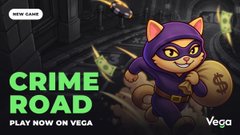 A cartoon raccoon in a purple mask holds a money bag beside bold neon-green text reading “CRIME ROAD,” with “PLAY NOW ON VEGA” below and the Vega logo at bottom right. The post promotes a $50 highest-multiplier challenge on Crime Road at @vegabet.