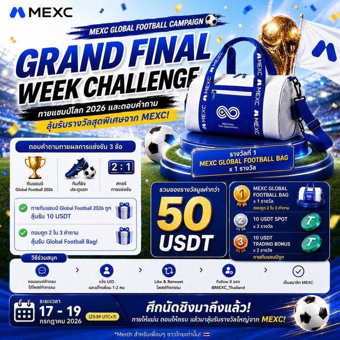 Promotional poster for the MEXC Global Football Campaign's Grand Final Week Challenge (July 17-19, 2026), featuring a blue and white MEXC Global Football Bag with the World Cup trophy, offering prizes including a 50 USDT reward pool, 10 USDT for predicting the 2026 World Cup champion, and MEXC merchandise for participants who answer 3 quiz questions and follow @MEXC_Thailand.
