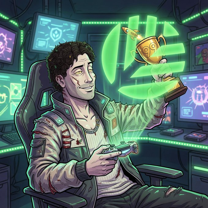 A digital illustration of a smiling man in a gaming chair holding a controller, with a glowing green hand hologram and a golden rocket trophy appearing above his other hand.