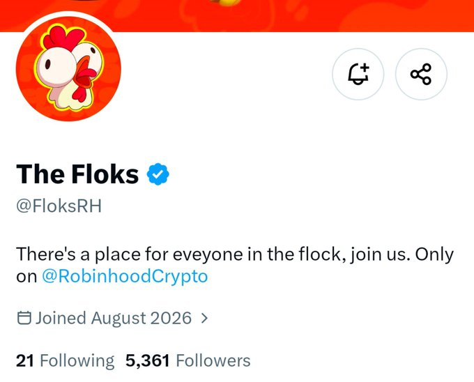 The image shows a Twitter/X profile for "The Floks" (@FloksRH), a verified account with a chicken/rooster mascot, 5,361 followers, joined August 2026, featuring a bio promoting their presence on @RobinhoodCrypto. The accompanying post promotes "Early Alpha on Robinhood" for the Floks token, highlighting its limited total supply (~4.9K) with allocations for guaranteed, FCFS, and public sale, suggesting it as a potential launch on Robinhood.