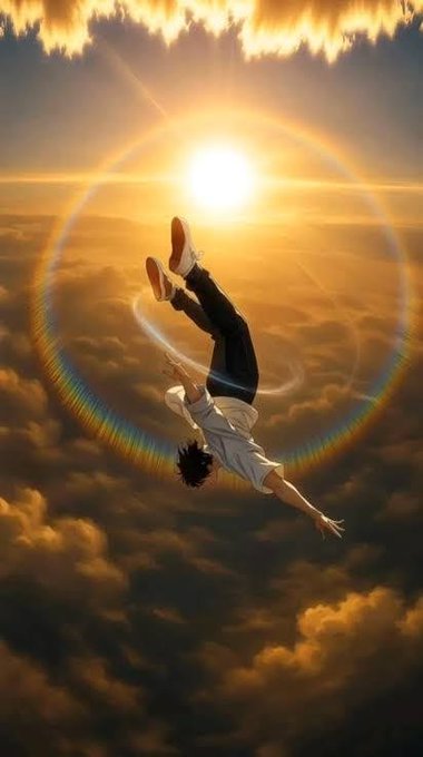 The image features a man doing a handstand against a backdrop of a beautiful sunset with a rainbow effect. The sun appears to be shining directly behind him, creating an interesting visual effect as the light passes through the water droplets in the air. The photo is taken from below and slightly to the left, giving it a unique perspective that emphasizes the man's daring feat.