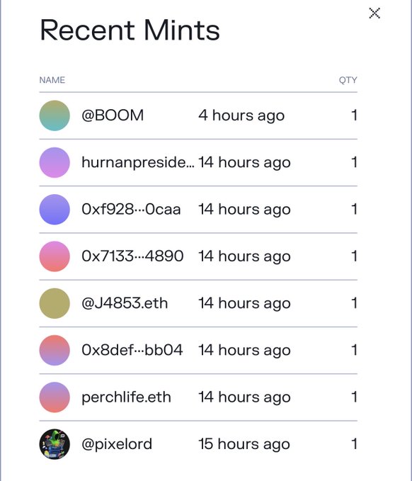 A 'Recent Mints' list showing recent NFT mints with usernames like @BOOM, hurnanpreside..., 0xf928…0caa, @J4853.eth, perchlife.eth, and @pixelord, all with quantity 1.