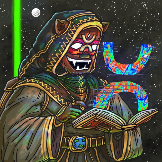A stylized illustration of a menacing figure wearing an ornate hood and a fanged demon mask, reading a book beneath a starry sky next to a glowing, glitching green and blue symbol.
