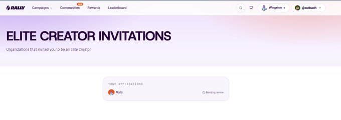 A screenshot of the Rally website showing an 'ELITE CREATOR INVITATIONS' page with a 'Pending review' application from Rally for user 'Wington'.