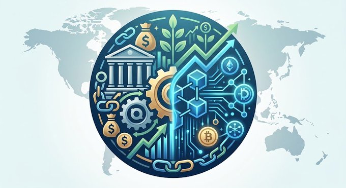 The image depicts a stylized circular emblem set against a faded world map background, featuring symbols of traditional finance (bank columns, money bags with "$") alongside cryptocurrency and blockchain elements (Bitcoin, blockchain cubes, chains, upward arrows), all intertwined with gears and circuit patterns to represent the merging of DeFi with global finance.

A visible yellow Bitcoin coin and dollar-sign money bags are featured, symbolizing the convergence of decentralized and traditional financial systems—visually reinforcing the post's theme of DeFi synchronizing with global finance and Aave's mobile savings app bridging these worlds.