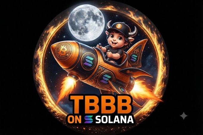 A circular logo featuring a baby wearing a Bitcoin cap riding a golden rocket through space with flames, a full moon behind, and the text 'TBBB ON SOLANA'.