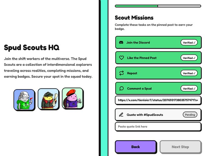 A screenshot of 'Spud Scouts HQ' interface showing a quest to complete scout missions, with completed tasks including 'Join the Discord', 'Like the Pinned Post', 'Repost', and 'Comment a Spud' all marked 'Verified', and a pending task to 'Quote with #SpudScouts'.