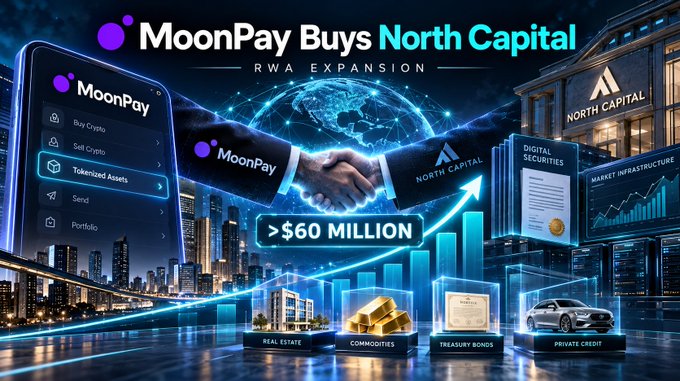 A promotional graphic announcing 'MoonPay Buys North Capital' for 'RWA EXPANSION' in a deal valued over $60 million, featuring a handshake, a phone interface, and icons for real estate, commodities, treasury bonds, and private credit.