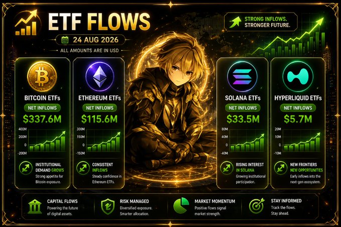 The image is an "ETF Flows" infographic dated 24 Aug 2026, displaying net inflows of $337.6M for Bitcoin ETFs, $115.6M for Ethereum ETFs, $33.5M for Solana ETFs, and $5.7M for Hyperliquid ETFs, accompanied by character artwork and rising green bar charts that visually reinforce the "Strong Inflows, Stronger Future" theme.