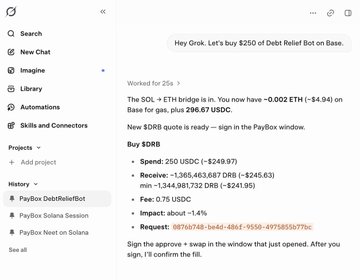 A chatbot interface displays a conversation with a user named "Greek" who paid $250 to buy a "Debt Relief Bot" on Base, which subsequently executed a 0.002 ETH bridge transaction netting a 1.41% impact gain, referencing the PayBox project. The bot's automated, slightly absurd financial transaction humorously illustrates being "here for the culture" by leveraging meme-driven crypto trading.
