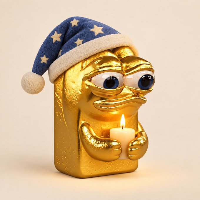 A gold-colored figurine of a duck-like character with large eyes, wearing a blue star-patterned nightcap and holding a small lit candle.