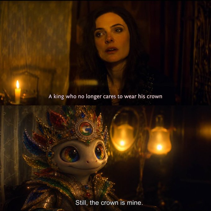 Two stacked film stills; the top shows a woman looking surprised with the subtitle 'A king who no longer cares to wear his crown', and the bottom shows an ornate, jewel-encrusted creature with a crown and the subtitle 'Still, the crown is mine.'