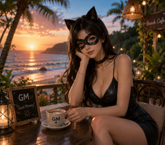 An illustration of a woman in a black cat-themed outfit and mask sitting at a beachside cafe table with coffee, set against a tropical sunset background with a small chalkboard sign.