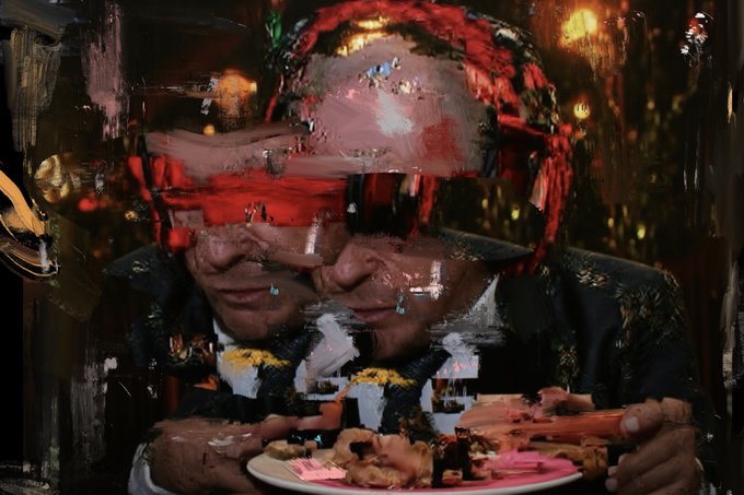 A man wearing a red hat leans over a plate of food, his features obscured by distorted, glitch-like visual artifacts. The abstract artwork, titled "Neocon Breakfast - Painting A" by Norman Harman, captures the piece's distorted aesthetic as it sits on the Met Digital platform.