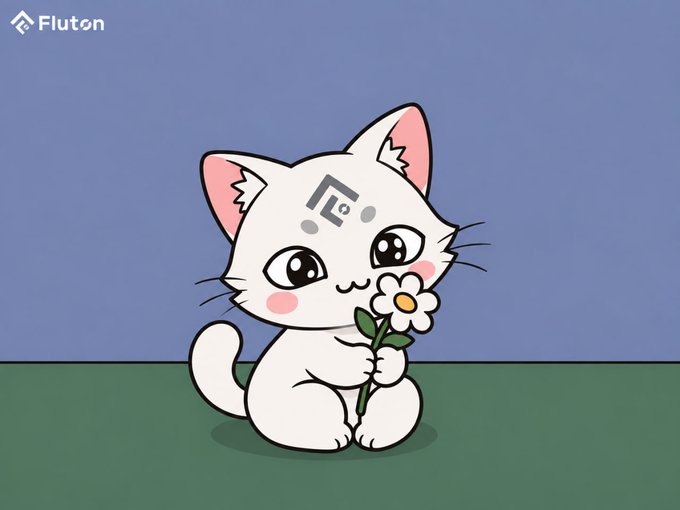 A cute white cartoon cat with pink ears holds a daisy flower against a solid blue background, with the 'Fluton' logo in the top left corner.