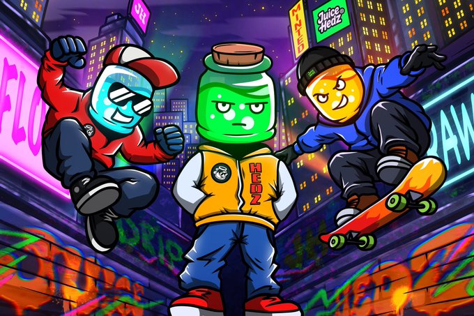 A vibrant cartoon illustration shows three animated characters with bottle and spray-can heads, including one wearing a yellow 'WELBY' vest, posing dynamically on a graffiti-covered city street with neon signs like 'Juicy Heist' in the background.