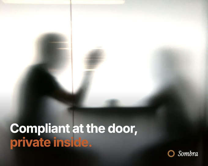 An advertisement shows the silhouettes of people behind frosted glass with the text 'Compliant at the door, private inside.' and the logo 'Sombra' in the bottom right corner.