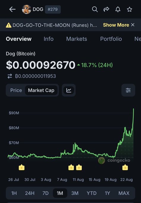 A CoinGecko cryptocurrency chart showing the 'DOG•GO•TO•THE•MOON' token (DOG #279) with a price of $0.00092670, up 18.7% in 24 hours, displaying a strong upward trend in market cap over a 1-month period.