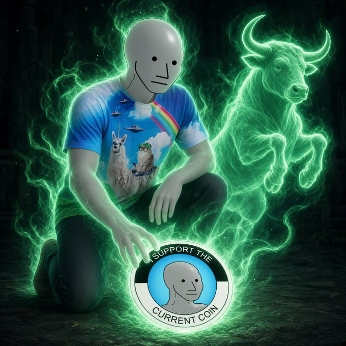A surreal crypto meme featuring a mannequin-headed figure in a llama-themed t-shirt kneeling amid green mystical energy with a glowing bull, promoting 'SUPPORT THE CURRENT COIN'.