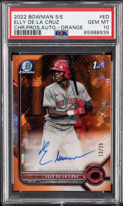 A graded 2022 Bowman S/E Chrome Prospects Autograph Orange Elly De La Cruz baseball card, PSA 10 GEM MT, numbered 13/25.