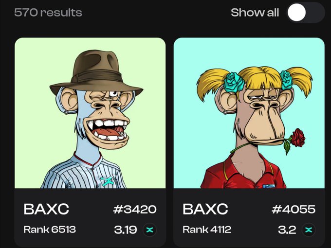 A dark-themed NFT marketplace interface displays two BAXC (Bored Ape X Club) collectibles: #3420 (a blue-skinned ape in a fedora and striped shirt, Rank 6513, 3.19) and #4055 (a blonde pigtailed ape with a rose in its mouth, Rank 4112, 3.2), with '570 results' and 'Show all' toggle at the top.