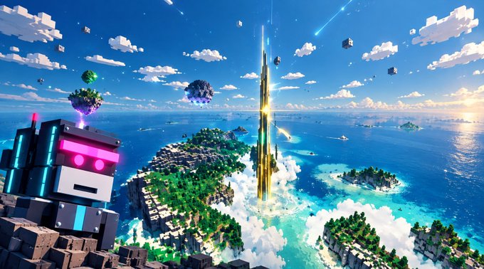 A vibrant digital artwork featuring a Minecraft-style character overlooking a vast ocean with floating islands, a tall golden tower emitting light, and a bright blue sky with clouds.