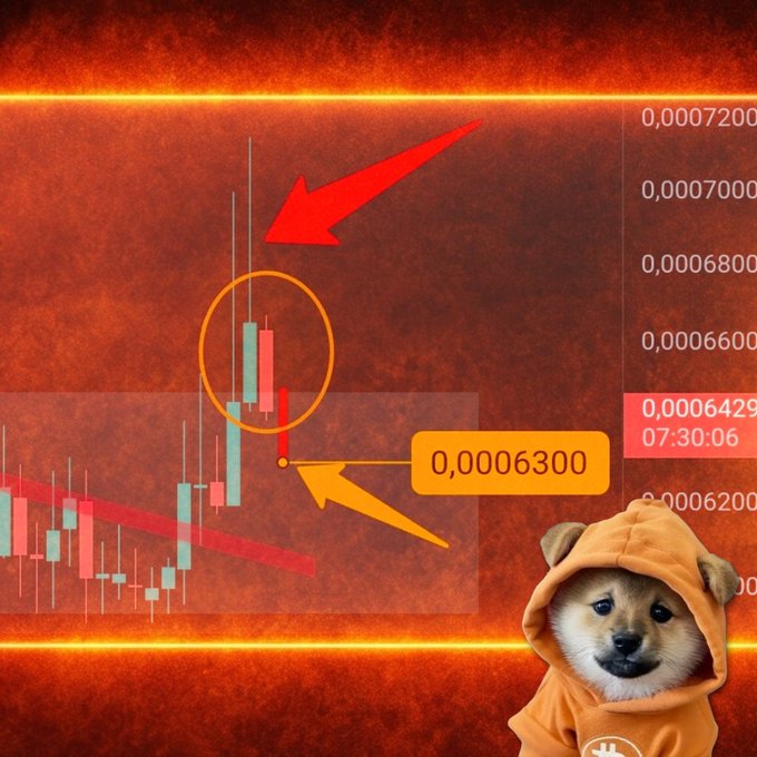 A crypto trading chart shows a candlestick pattern with an orange circle and arrows highlighting price action at 0.0006300, accompanied by a Shiba Inu dog wearing an orange hoodie.