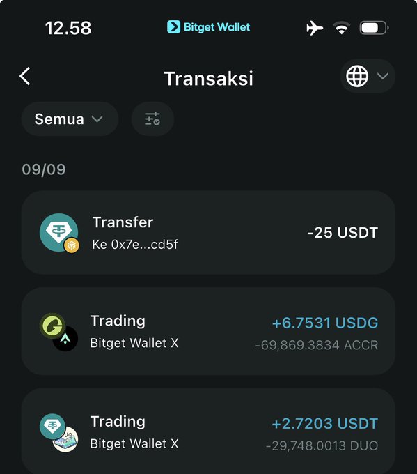 A screenshot of a Bitget Wallet transaction history page in Indonesian, showing entries for 'Transfer -25 USDT' and 'Trading +6.7531 USDG' and '+2.7203 USDT' on 09/09.
