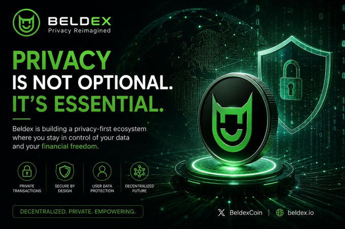 The image is a promotional banner for **Beldex** ("Privacy Reimagined"), featuring a glowing green Beldex coin with a shield and padlock graphic, alongside the tagline **"Privacy Is Not Optional. It's Essential."** It highlights four pillars—Private Transactions, Secure by Design, User Data Protection, and Decentralized Future—and directs viewers to beldex.io via @BeldexCoin.

The banner directly reinforces the post's message by visually positioning privacy as a foundational, non-negotiable feature of Beldex, aligning with the author's point that most blockchains expose transaction history and that Beldex treats privacy as core rather than optional.