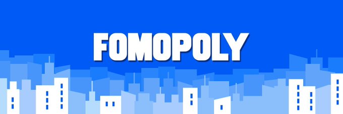 A blue graphic with a stylized city skyline displays the large white title “FOMOPOLY.”