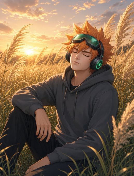 An anime-style illustration of a young man with spiky orange hair wearing headphones and sunglasses on his head, sitting peacefully in a grassy field during sunset.