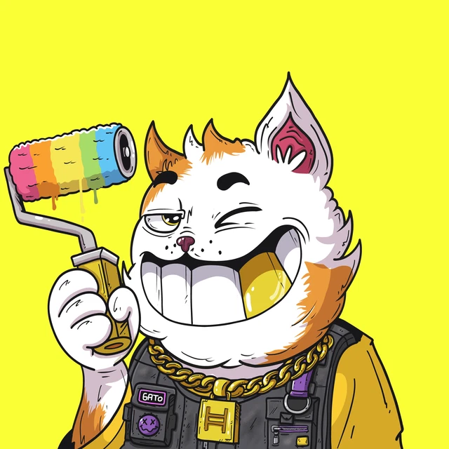 Cartoon illustration of a grinning orange and white cat character wearing a gold chain with an 'H' pendant and a 'GATO' vest, holding a paint roller with rainbow-colored paint, against a bright yellow background.
