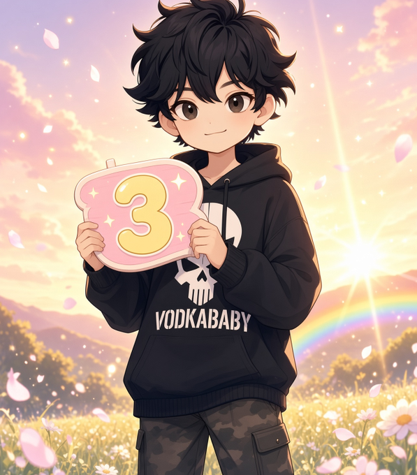 An anime-style illustration of a boy with black hair wearing a black hoodie with a skull design and "VODKABABY" text, holding a pink sign with the number "3" in a sunset field with a rainbow.