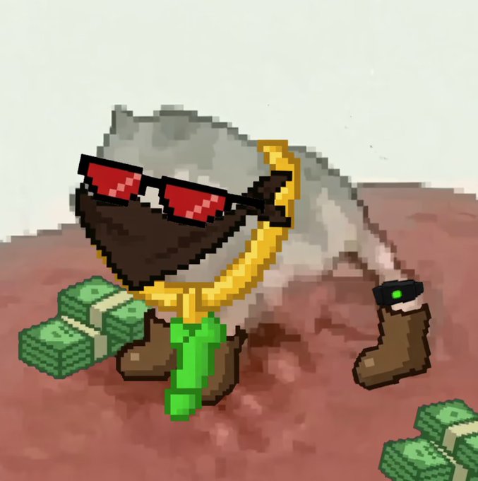 A pixel art character with red sunglasses and a gold chain, crouching among green stacks of money on a reddish surface.