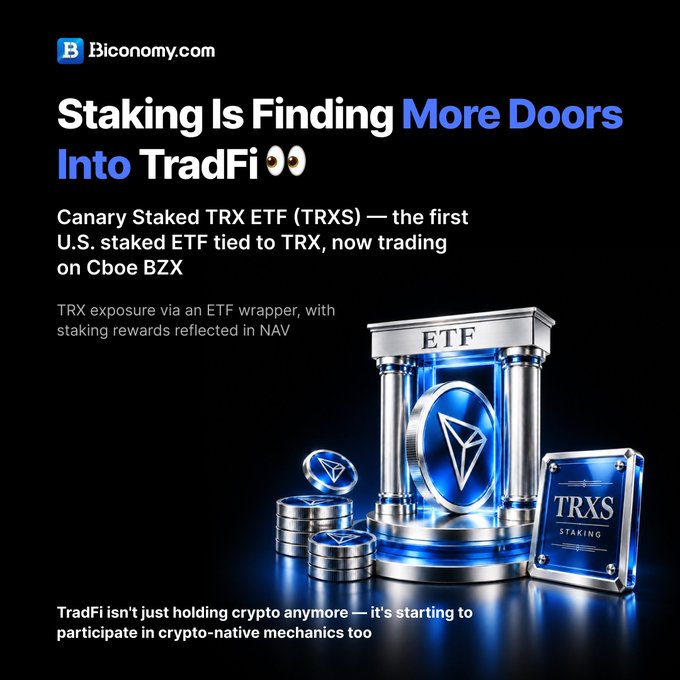 Biconomy.com announcement titled 'Staking Is Finding More Doors Into TradFi' featuring the Canary Staked TRX ETF (TRXS) now trading on Cboe BZX, with a 3D illustration of an ETF pillar and TRX coins.