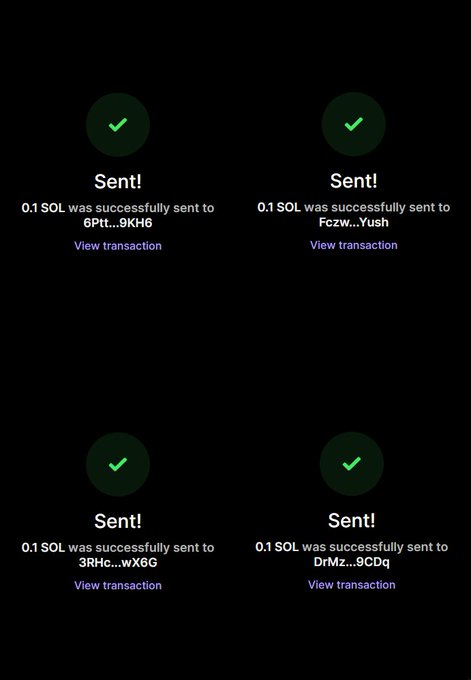 Four successful "Sent!" confirmation screens show 0.1 SOL transactions sent to four different wallet addresses (6Ptt...9KH6, Fczw...Yush, 3RHc...wX6G, and DrMz...9CDq), each with a green checkmark and a "View transaction" link, likely corresponding to the four tagged users (@ishow_ola01, @melhorxbt, @ganieous, and @Jking_web3).