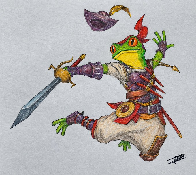 A watercolor illustration of an anthropomorphic green tree frog dressed as a swashbuckling pirate, wielding a sword with a golden hilt while wearing a tricorne hat, armor, and a red sash.