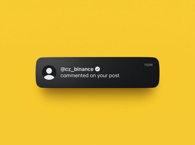 A social media notification on a yellow background shows '@cz_binance commented on your post.'