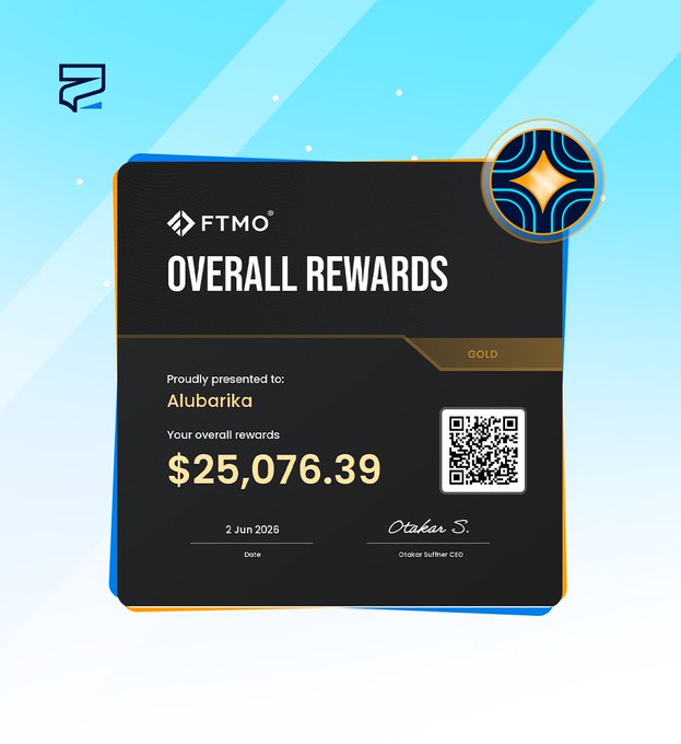The image features a black square with a gold star at its center, which is part of an advertisement for FTMO rewards. The text "FTMO" is written in blue letters above the star, while "Overall Rewards" is written in white letters below the star. The image also includes a QR code that leads to a website where one can learn more about Alubarika and her achievements.