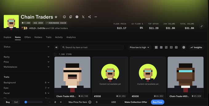 A screenshot of an NFT marketplace page for 'Chain Traders' collection on Rootwood Chain, showing a floor price of $13.17 with 7,500 items listed.