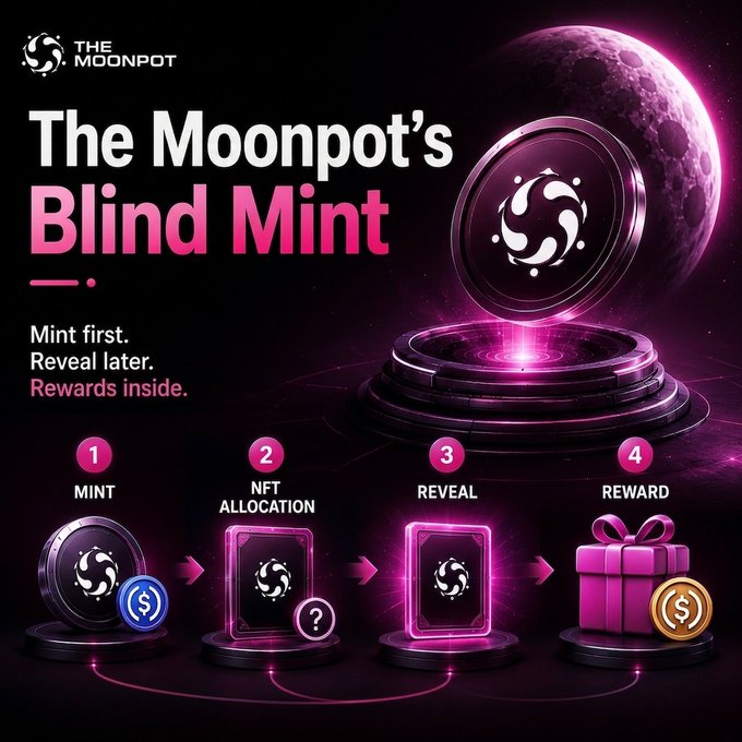 A promotional graphic for 'The Moonpot's Blind Mint' NFT event illustrates a 4-step process: MINT, NFT ALLOCATION, REVEAL, and REWARD.
