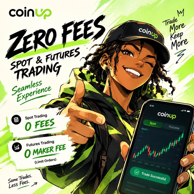An illustrated promotional banner for 'coinup' advertising zero fees on Spot & Futures trading, with the tagline 'Trade More Keep More' and 'Same Trades. Less Fees.'